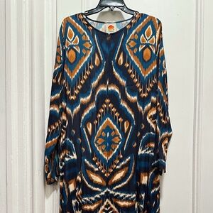 FARM Rio Ikat Print Long Sleeve Satin Maxi Dress